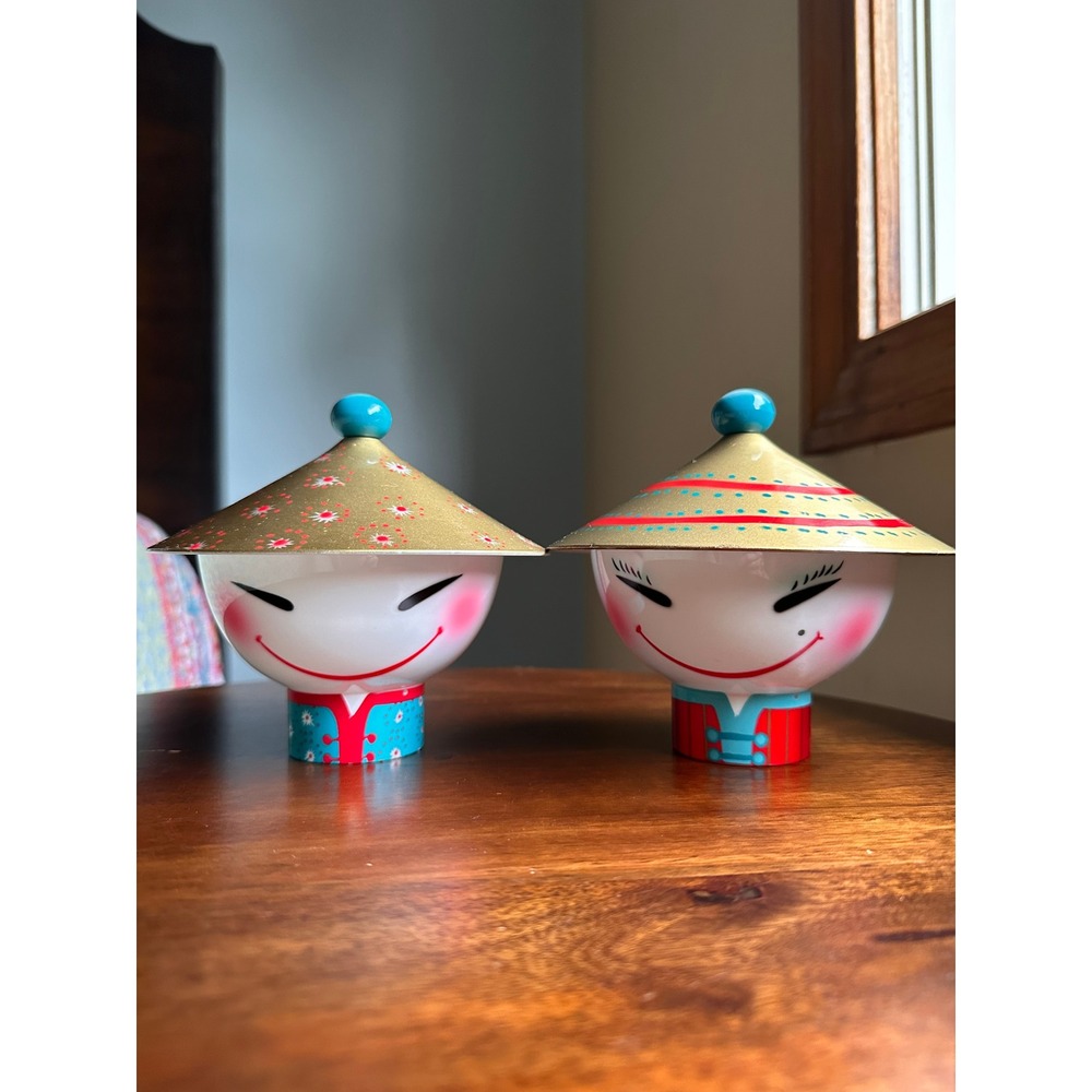 Vintage Pylones Paris Crea Crea Lidded Face Rice Bowls Pair Red Blue Gold